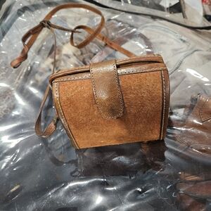 Brown Suede Crossbody Camera Bag with Leather Trim